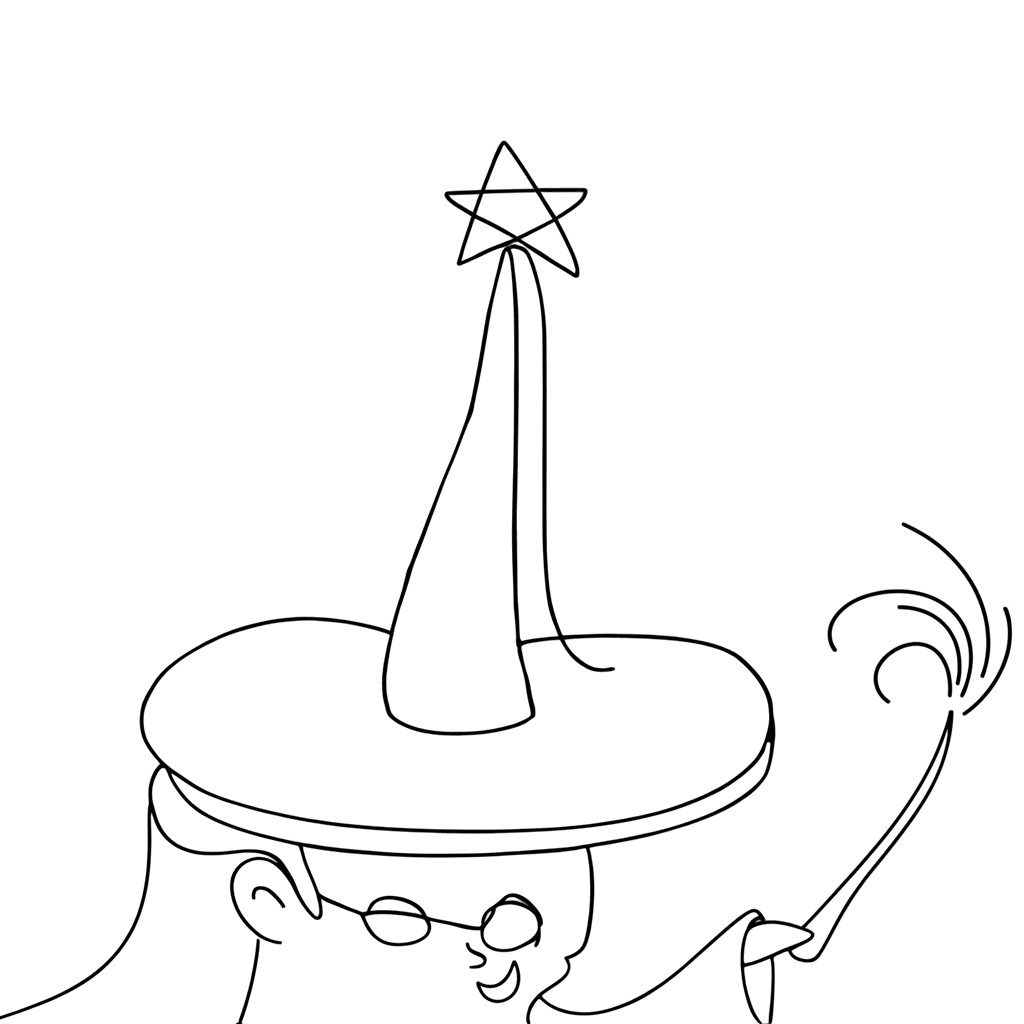 A poorly-drawn witch swooshing her wand with a pleased expression, centered on the hat for some reason (I drew it first)