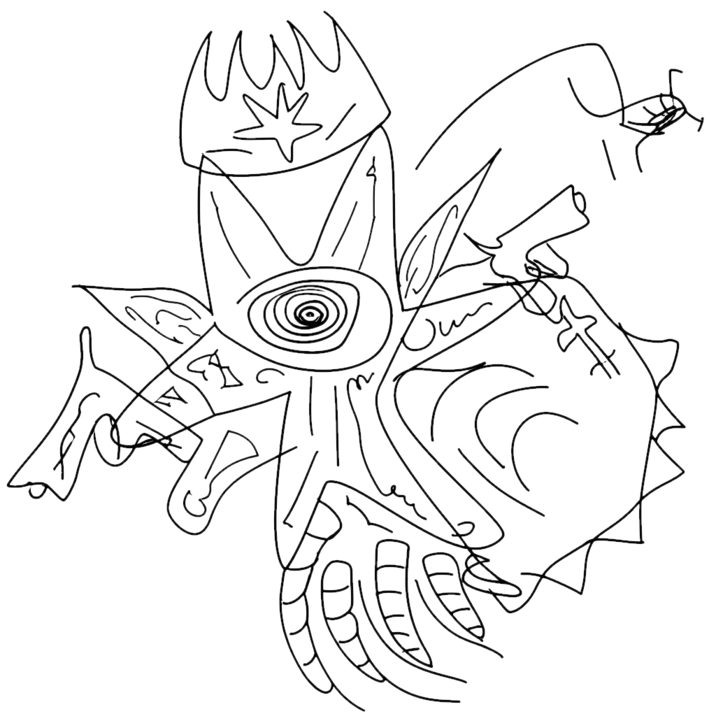 A scratchy sketch of what seems to be some kind of starfish flying through the air with a centered eye, a crown, and a gun in each hand.